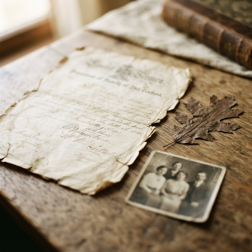 An antique family document and pressed leaf